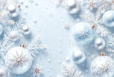 The primary subject of the image is a snowy background featuring a blue surface. The setting is a winter scene with snowflakes and ornaments, creating a festive and cold atmosphere. The visual style is a combination of photo and digital art, as the snowflakes and ornaments are depicted in a realistic manner while the blue surface appears to be a digital creation. The colors and mood of the image are predominantly blue and white, with the snowflakes and ornaments adding a touch of warmth